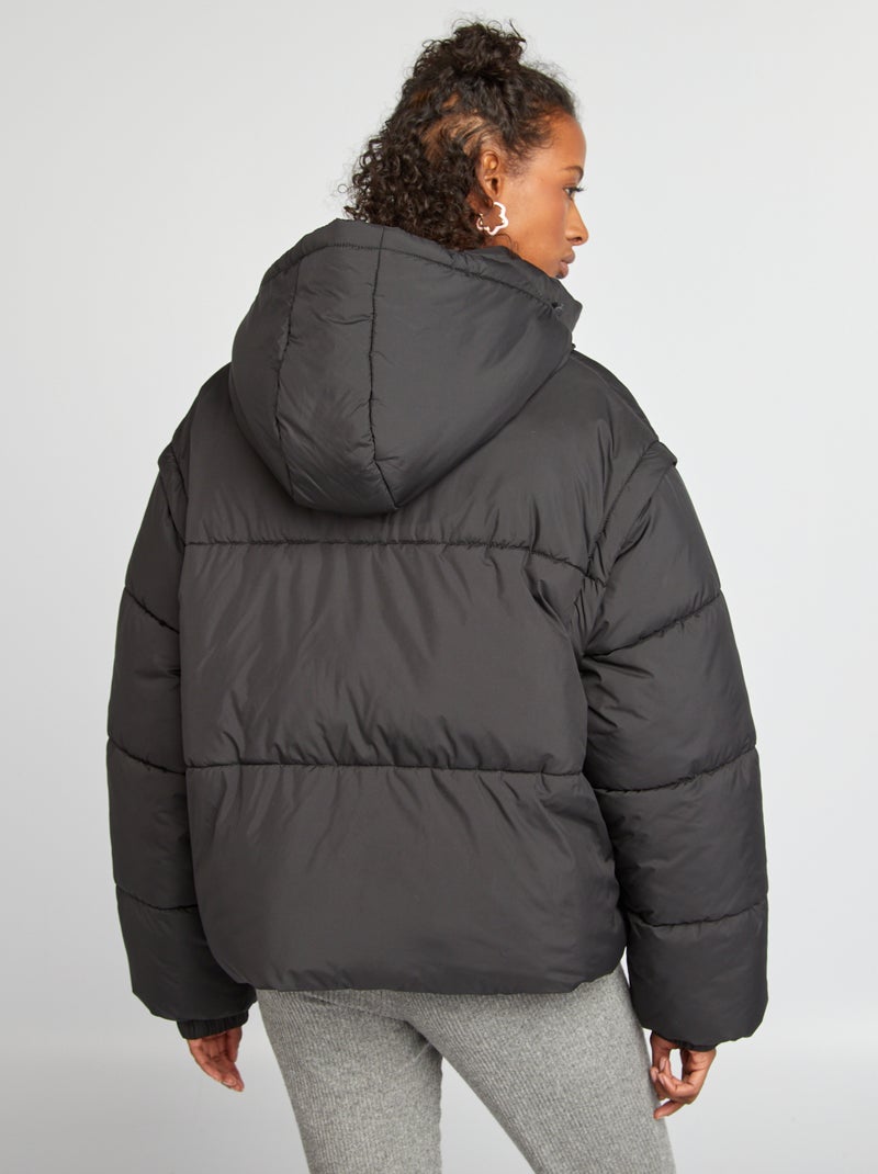 Blusão de penas puffy com mangas e capuz amovíveis Preto - Kiabi