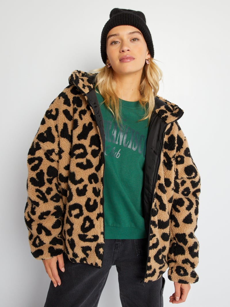 Blusão efeito lã de carneiro com estampado 'leopardo' CASTANHO - Kiabi