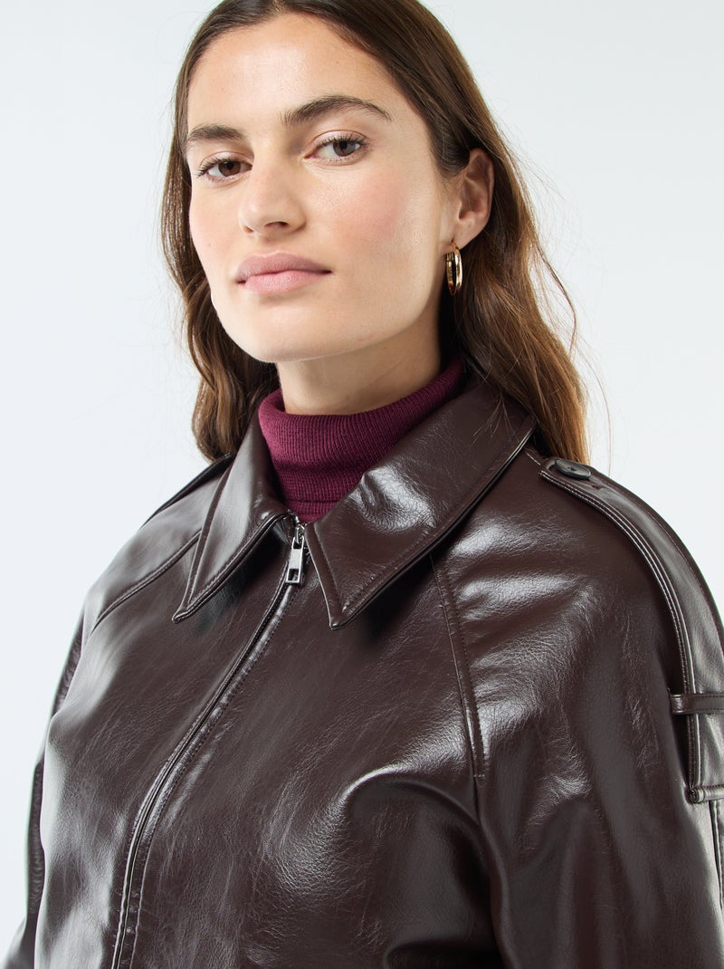 Blusão em imitação de pele com fecho de correr Castanho - Kiabi