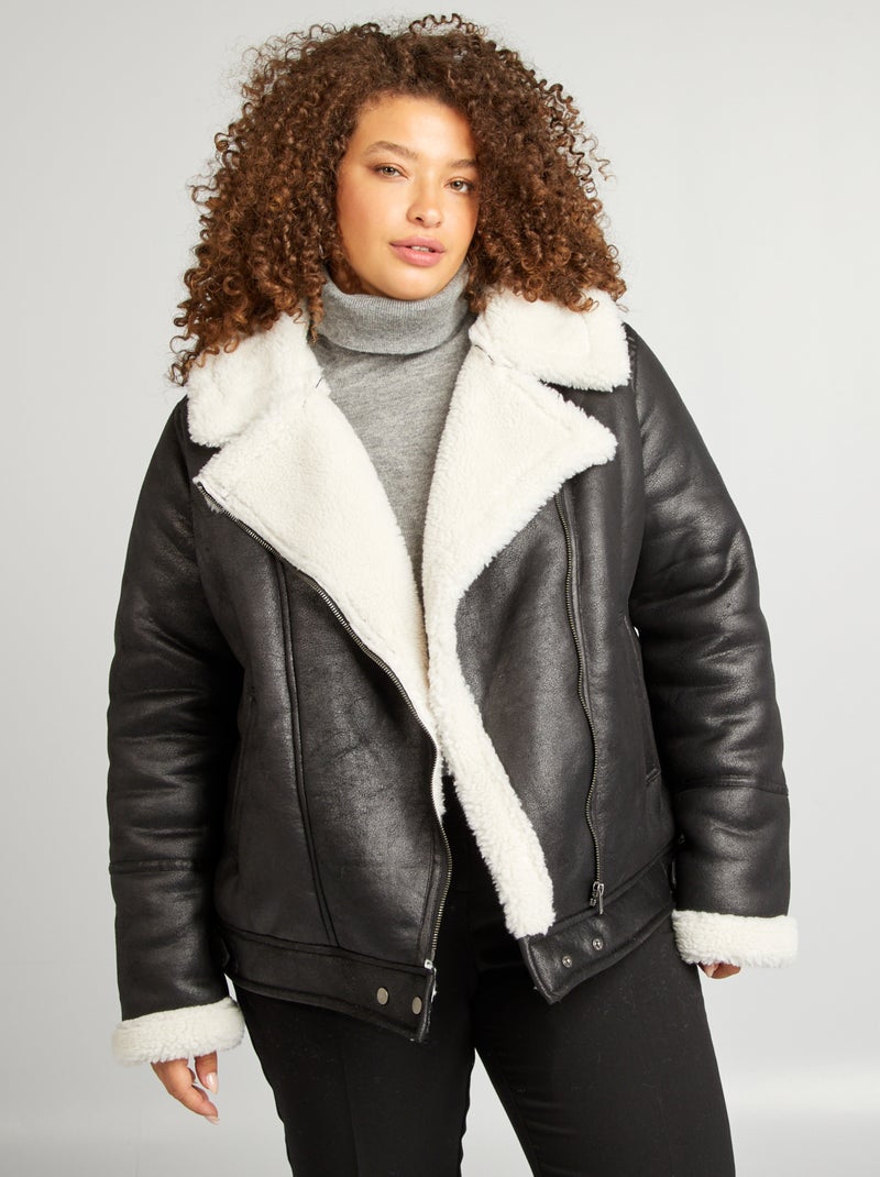 Blusão estilo aviador com gola com efeito ovelha Preto - Kiabi