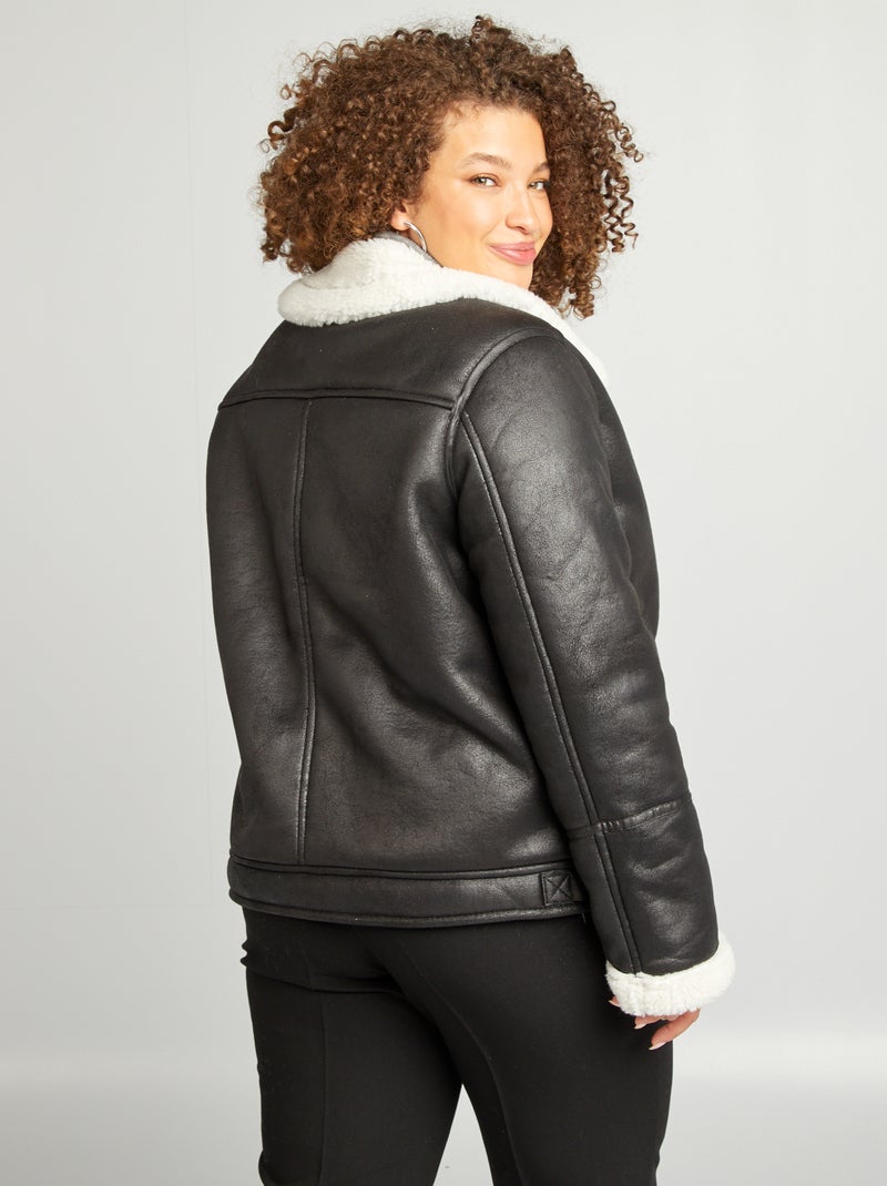 Blusão estilo aviador com gola com efeito ovelha Preto - Kiabi