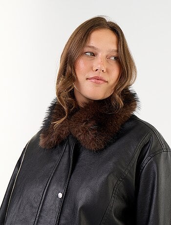 Blusão oversize de imitação de pele com gola de pelo sintético amovível