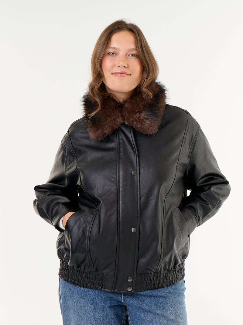 Blusão oversize de imitação de pele com gola de pelo sintético amovível Preto - Kiabi