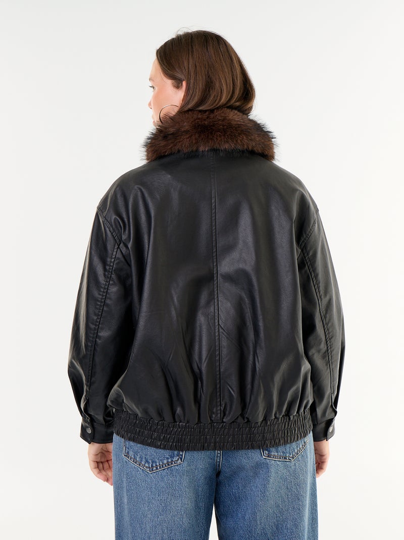 Blusão oversize de imitação de pele com gola de pelo sintético amovível Preto - Kiabi