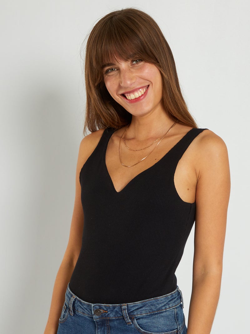 Body canelado com gola cruzada Preto - Kiabi