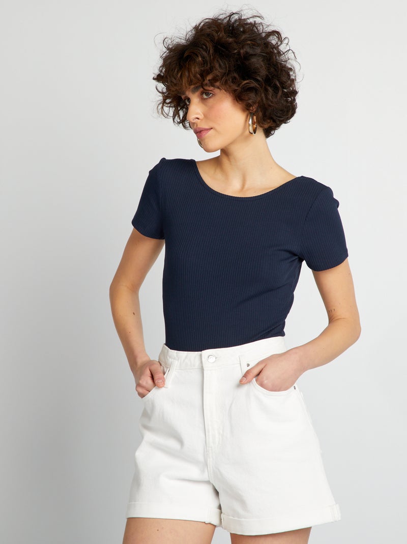 Body canelado com gola redonda e mangas curtas AZUL - Kiabi
