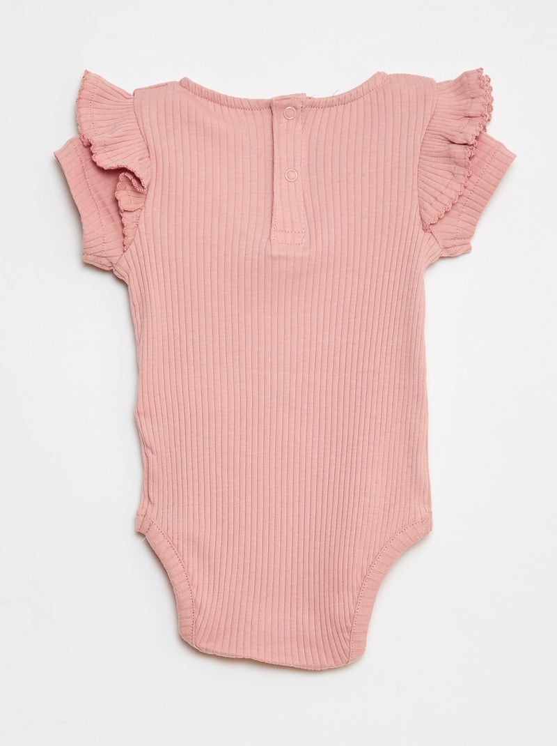 Body canelado de manga curta com cavas e folhos Rosa - Kiabi
