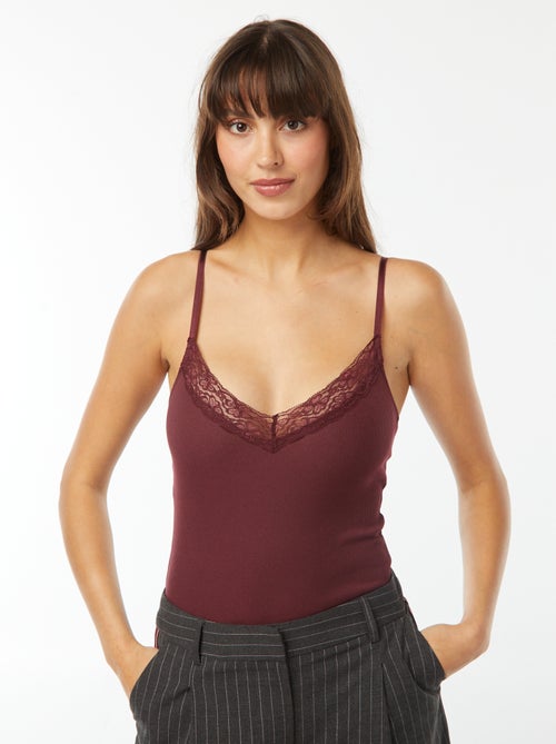 Body canelado liso com renda - Kiabi