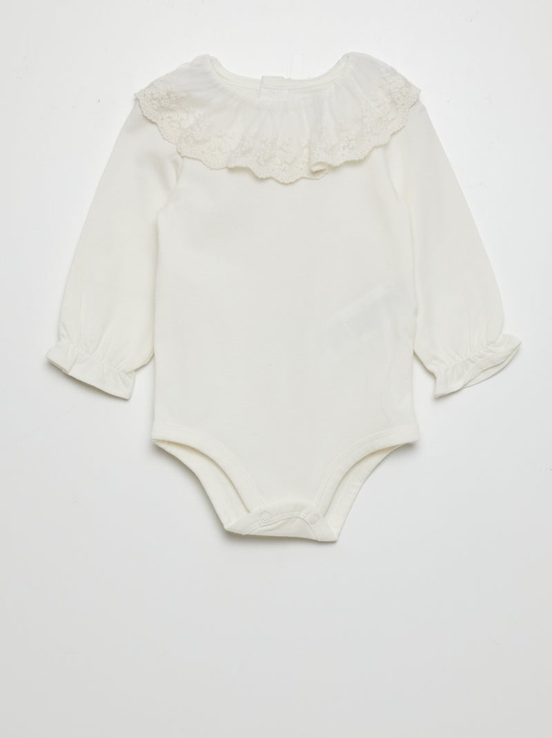 Body com colarinho largo em tule bordado Branco - Kiabi