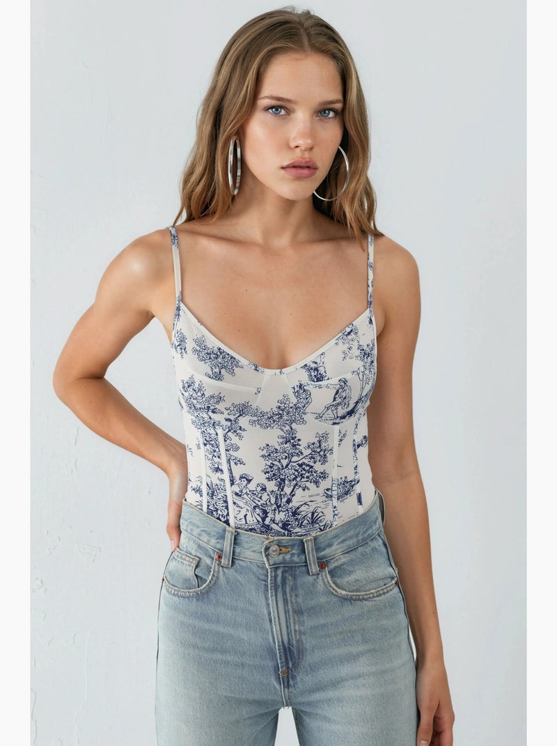 Body com decote em v e padrão hiccup Branco - Kiabi