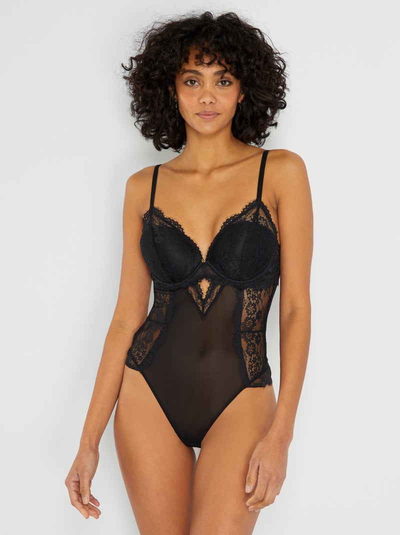 Body com decote profundo em renda Preto - Kiabi