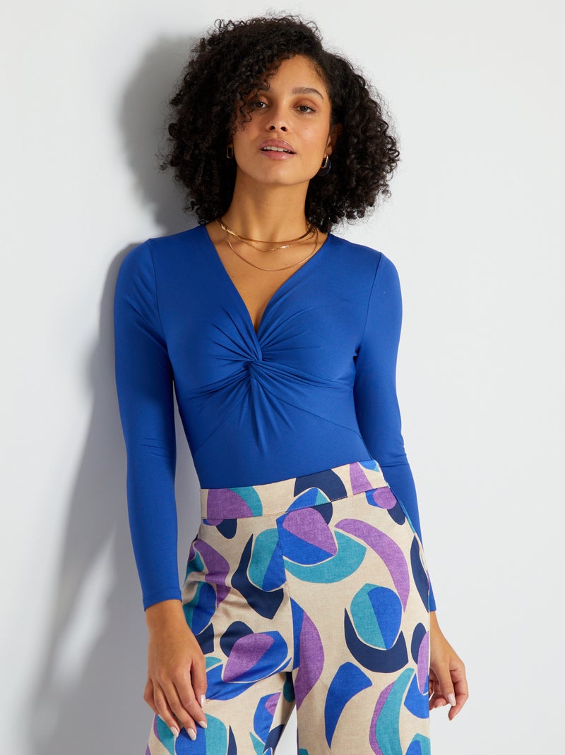 Body com efeito plissado e decote em bico Azul - Kiabi