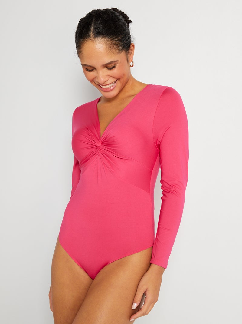 Body com efeito plissado e decote em bico Rosa Quente - Kiabi