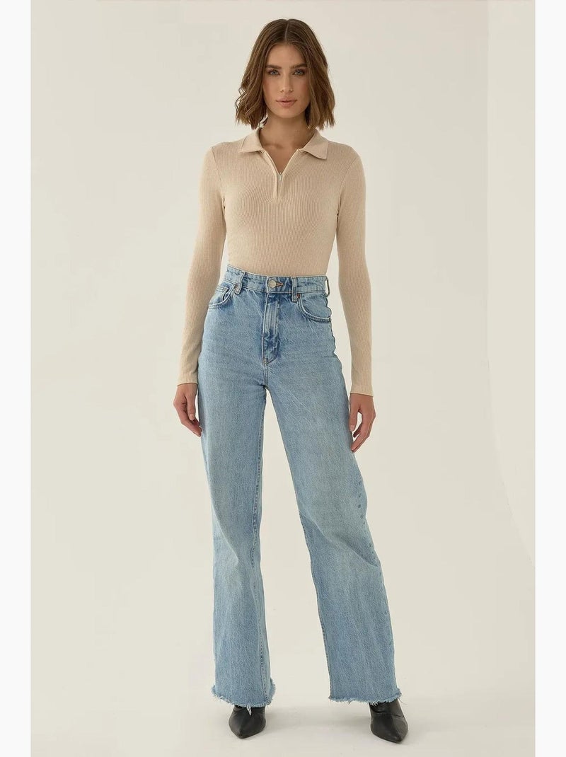 Body com fecho e gola polo hiccup Bege natural - Kiabi