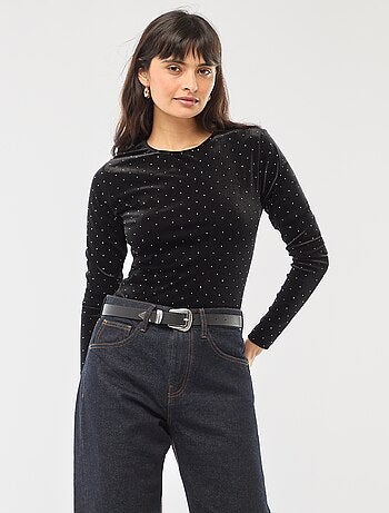 Body de mangas compridas com strass em veludo