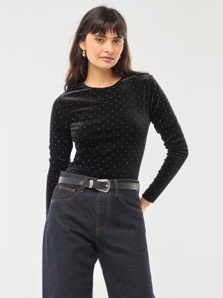 Body de mangas compridas com strass em veludo