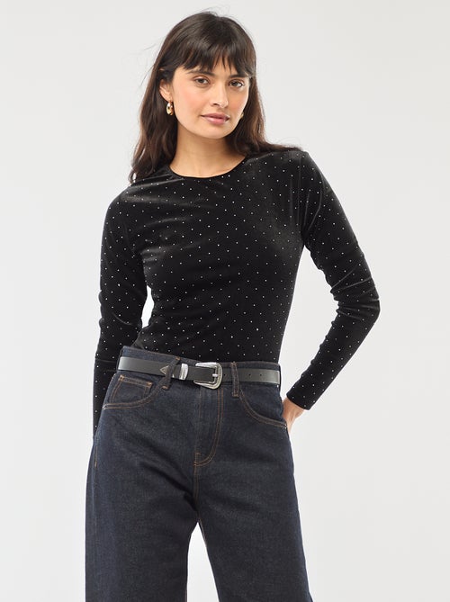 Body de mangas compridas com strass em veludo - Kiabi