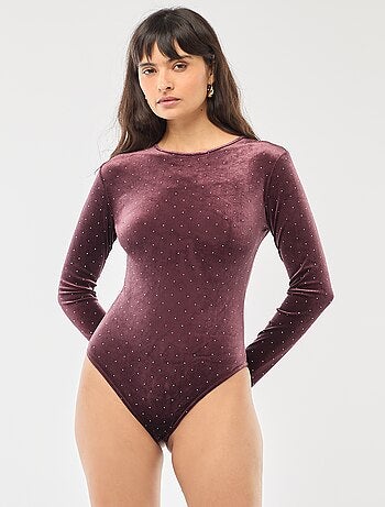 Body de mangas compridas com strass em veludo