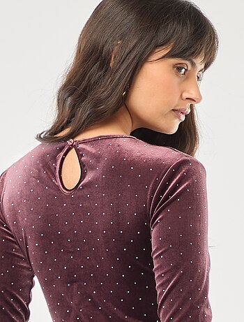 Body de mangas compridas com strass em veludo