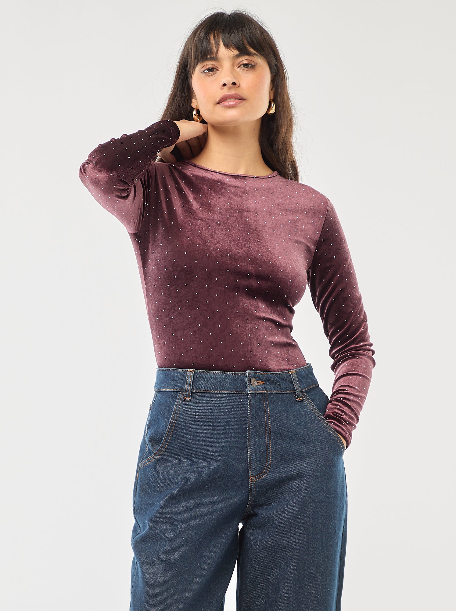 Body de mangas compridas com strass em veludo