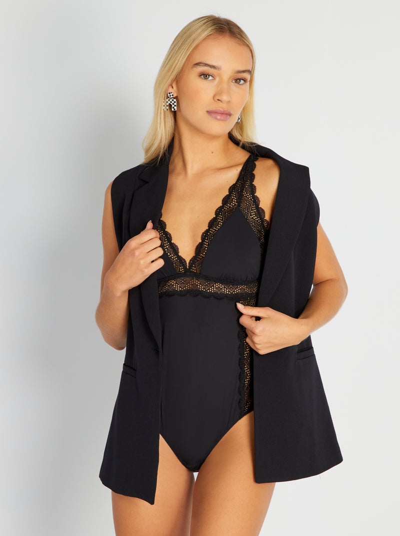 Body de microfibra e renda Preto - Kiabi