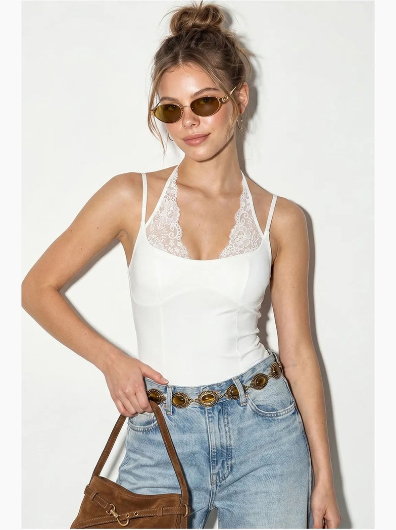 Body de renda com decote halter e tanga lucci Branco - Kiabi