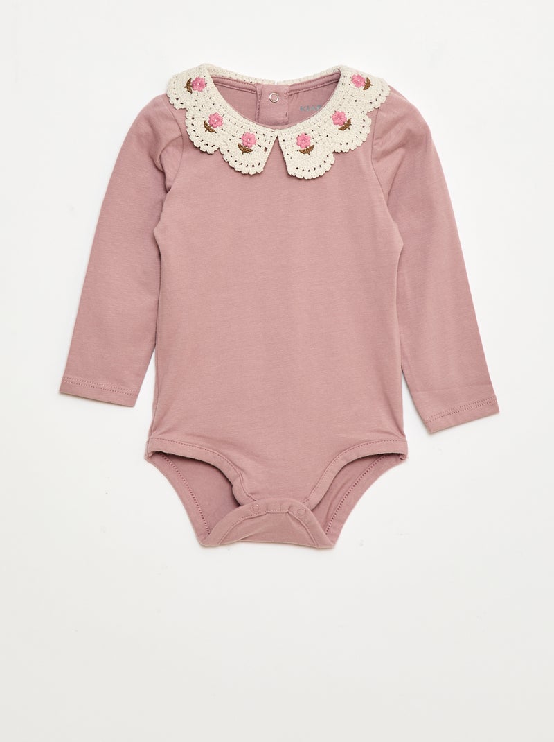 Body em malha jersey com gola Claudine bordada Rosa - Kiabi
