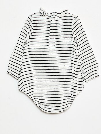 Body em malha pointelle com gola com folhos e estampado integral