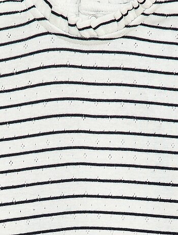 Body em malha pointelle com gola com folhos e estampado integral