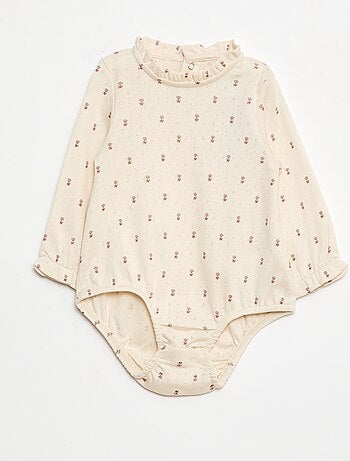 Body em malha pointelle com gola com folho e estampado integral