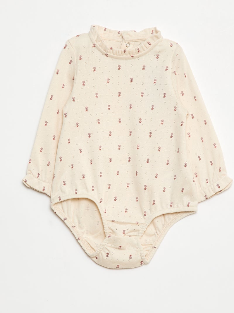 Body em malha pointelle com gola com folhos e estampado integral Branco - Kiabi