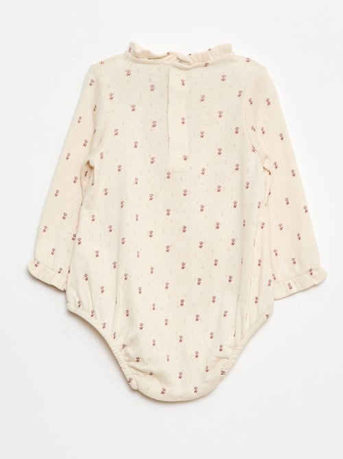 Body em malha pointelle com gola com folhos e estampado integral - Kiabi