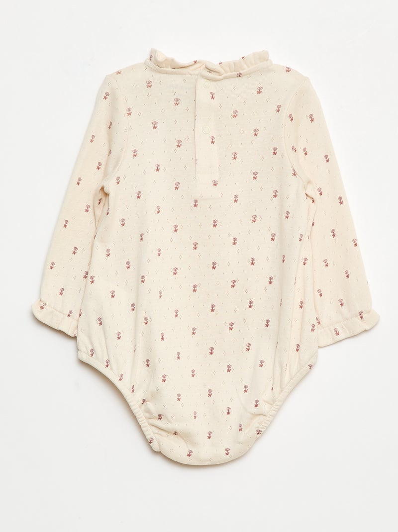 Body em malha pointelle com gola com folhos e estampado integral Branco - Kiabi