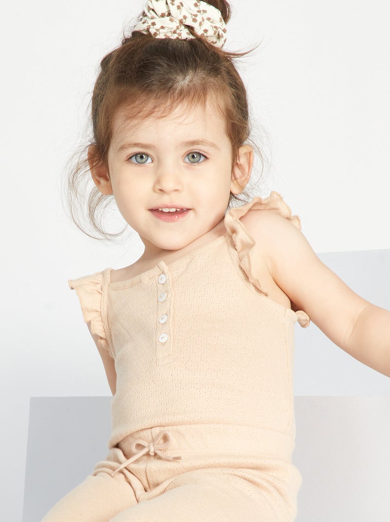 Body em malha pointelle e mangas com folhos BEGE - Kiabi