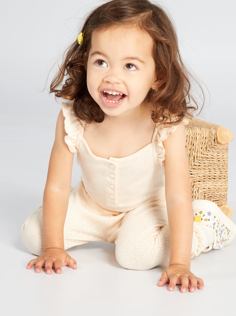 Body em malha pointelle e mangas com folhos Ecru - Kiabi