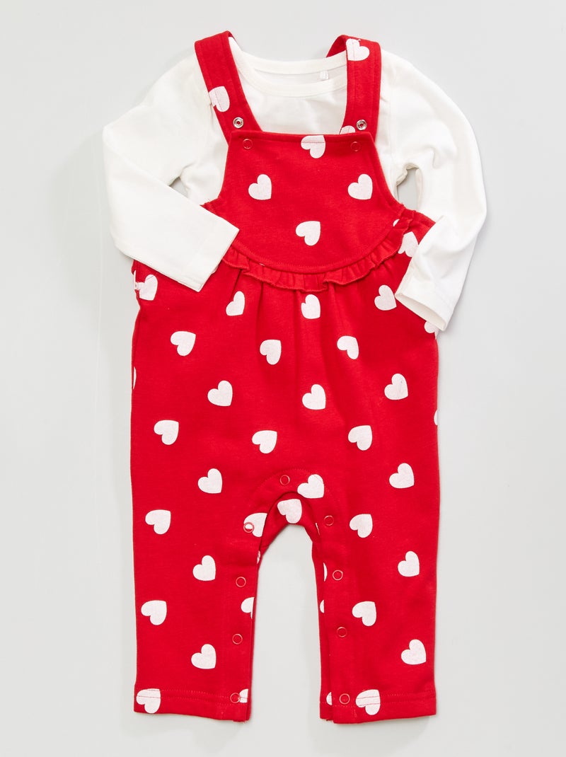 Body + jardineiras em moletão - Conjunto de 2 peças Branco/ Vermelho - Kiabi