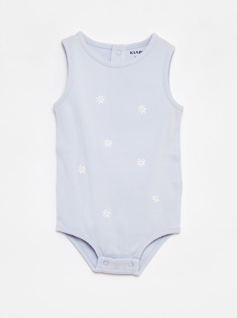 Body sem mangas nervurado e bordado AZUL - Kiabi