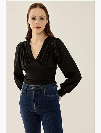 Body slim fit com decote em v e mangas balão hiccup