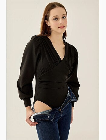 Body slim fit com decote em v e mangas balão hiccup