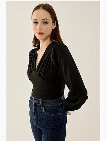 Body slim fit com decote em v e mangas balão hiccup