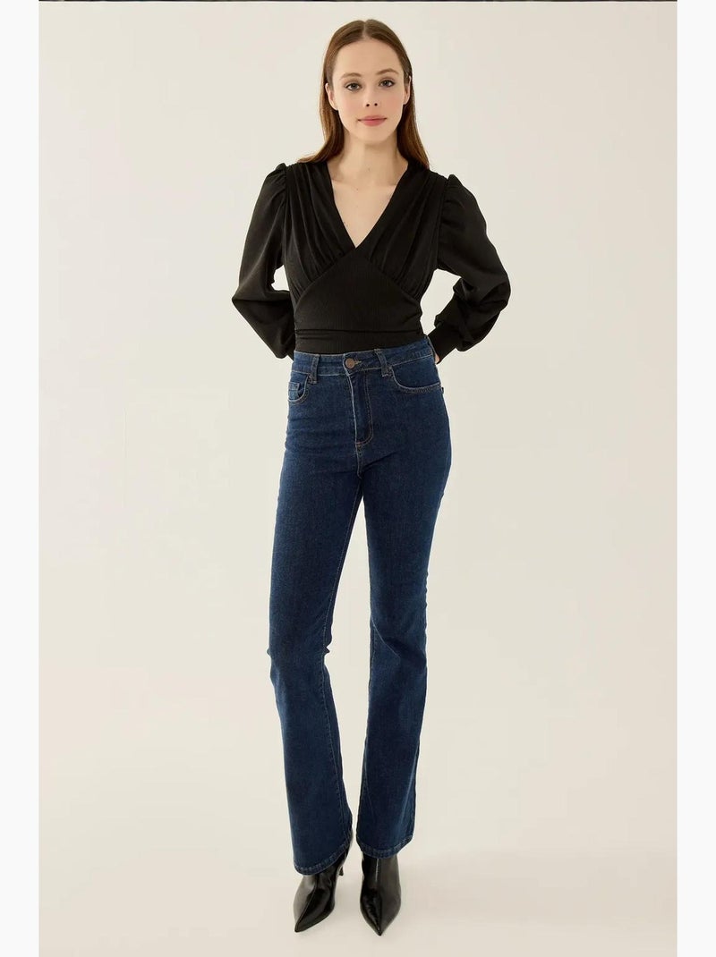 Body slim fit com decote em v e mangas balão hiccup Preto - Kiabi