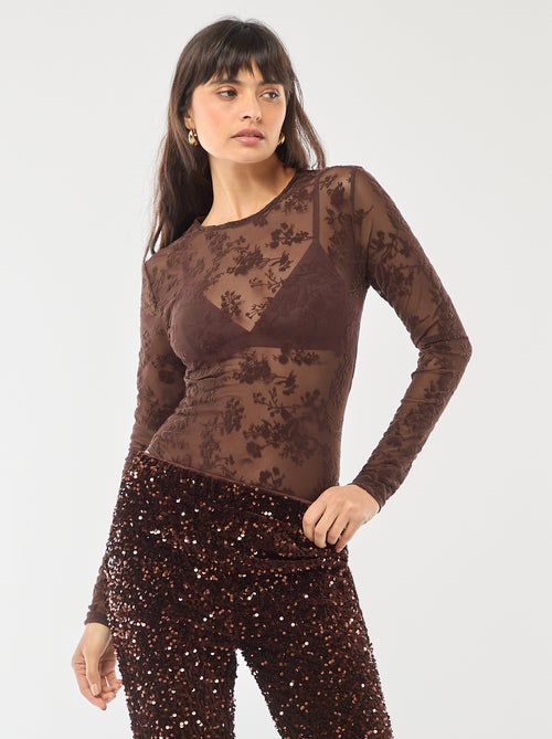 Body transparente com flores em veludo - Kiabi