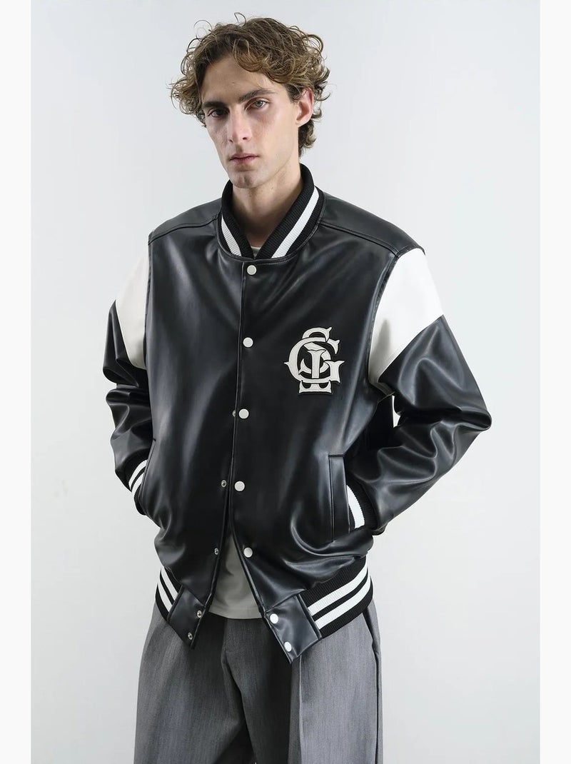 Bomber color block efeito pele giesto Preto - Kiabi