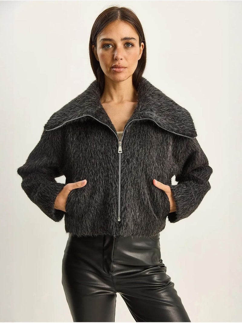 Bomber de peluche texturizado com fecho de correr lucci Cinza-preto - Kiabi