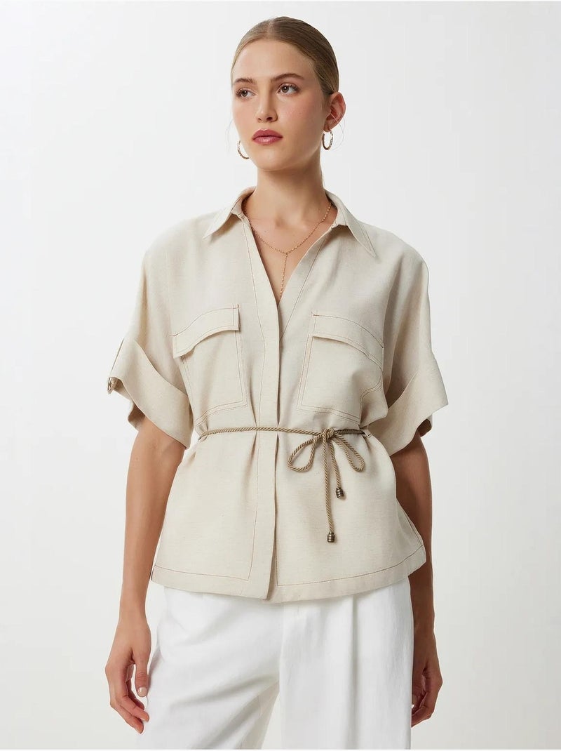 Bonita camisa de corte largo com cordão e detalhe de viés. Istanbul Bege-argila - Kiabi