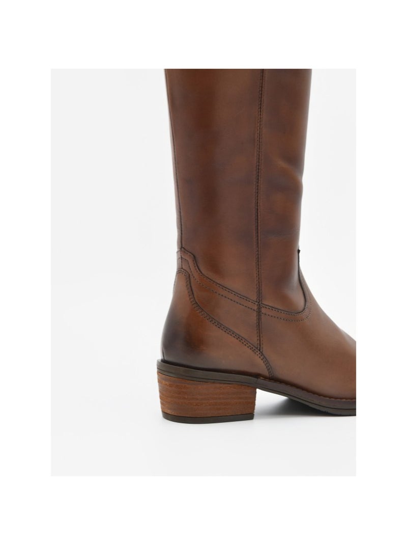 Bota com salto couro natural purapiel Castanho - Kiabi