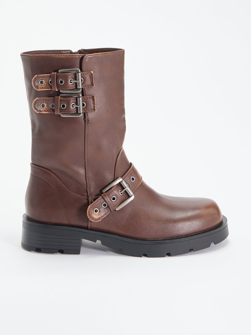 Botas de cano alto em imitação de pele com tira decorativa Castanho - Kiabi