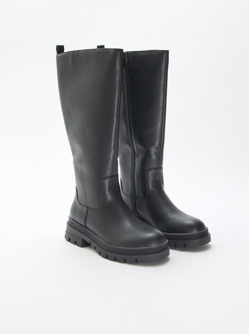 Botas de cano alto em pele sintética com solas serrilhadas Preto - Kiabi