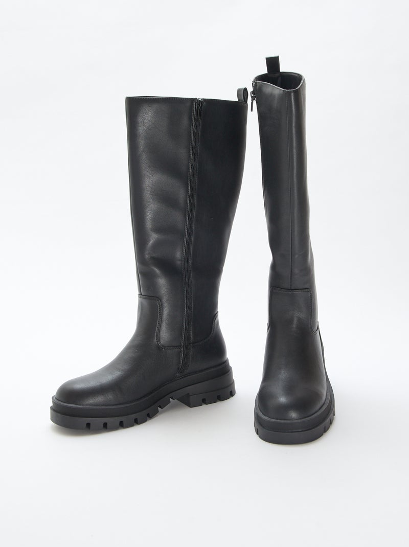 Botas de cano alto em pele sintética com solas serrilhadas Preto - Kiabi