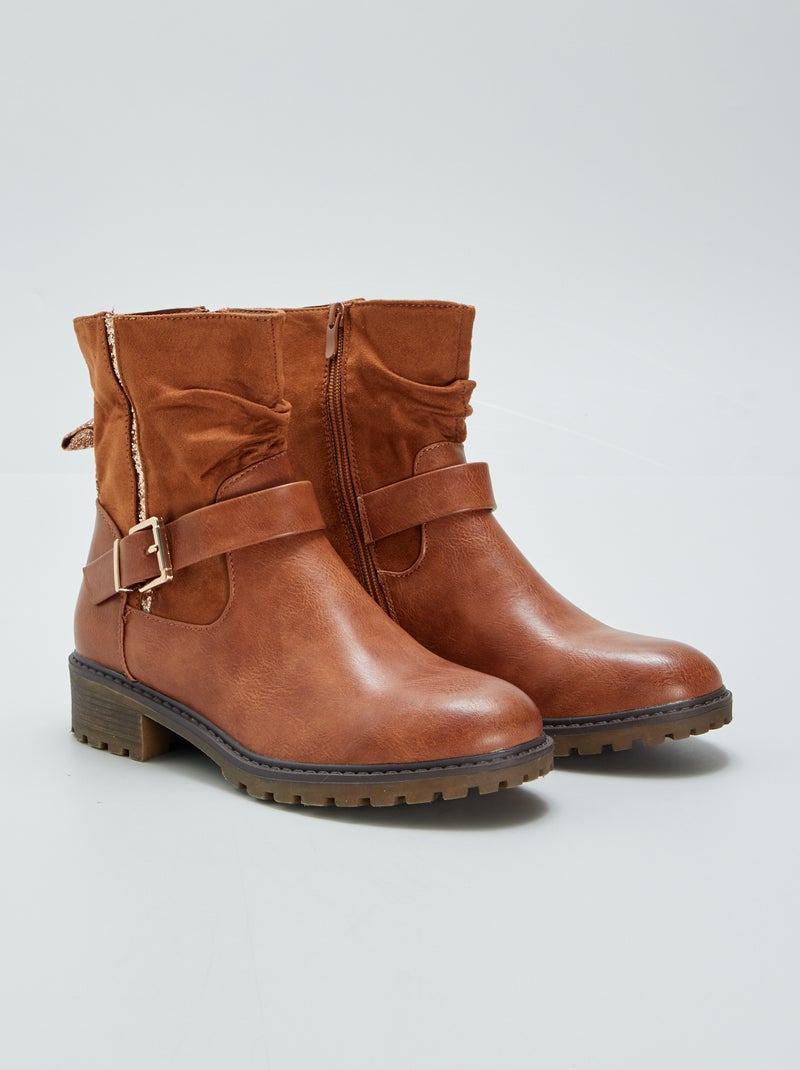 Botas de motard bi-matéria e brilhantes MARROM - Kiabi